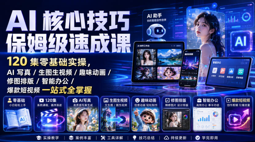 AI核心技巧保姆级速成课｜120集零基础实操，AI写真/生图生视频/趣味动画/修图排版/智能办公/爆款短视频一站式全掌握(更新)|一人科技OPC聚合软件