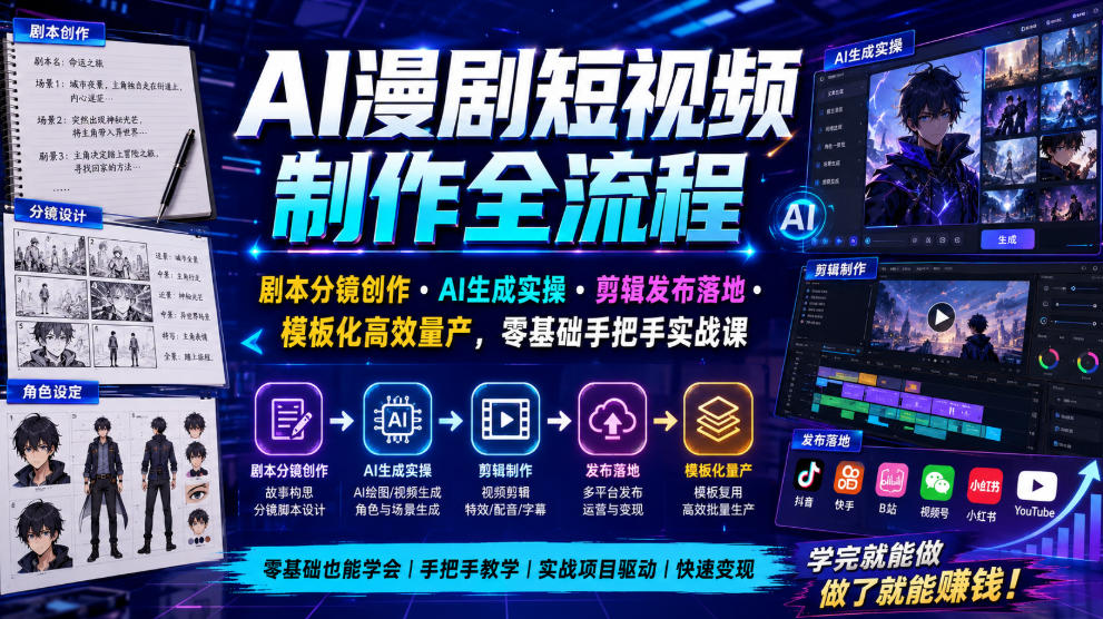 AI漫剧短视频制作全流程｜剧本分镜创作・AI生成实操・剪辑发布落地・模板化高效量产，零基础手把手实战课|一人科技OPC聚合软件