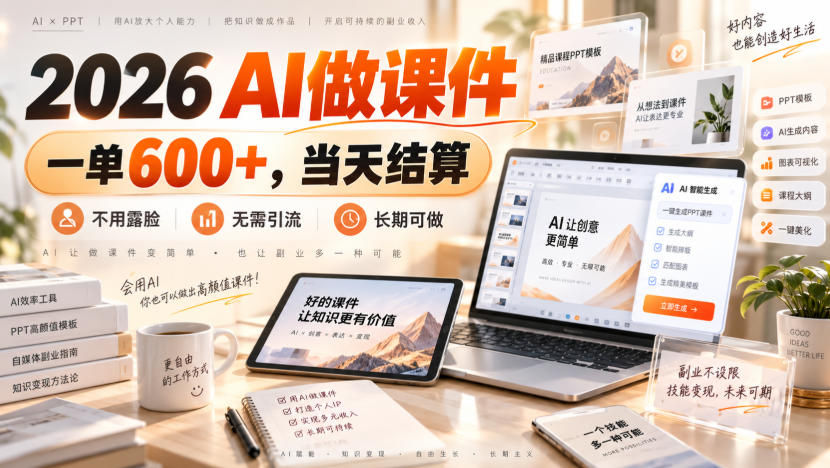 2026 AI做课件，一单600+，当天结算，不用露脸，无需引流，长期可做【揭秘】|一人科技OPC聚合软件