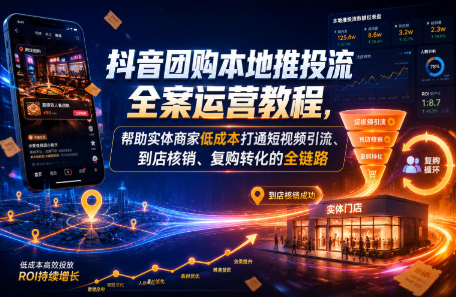抖音团购本地推投流全案运营教程，帮助实体商家低成本打通短视频引流、到店核销、复购转化的全链路|一人科技公司导航
