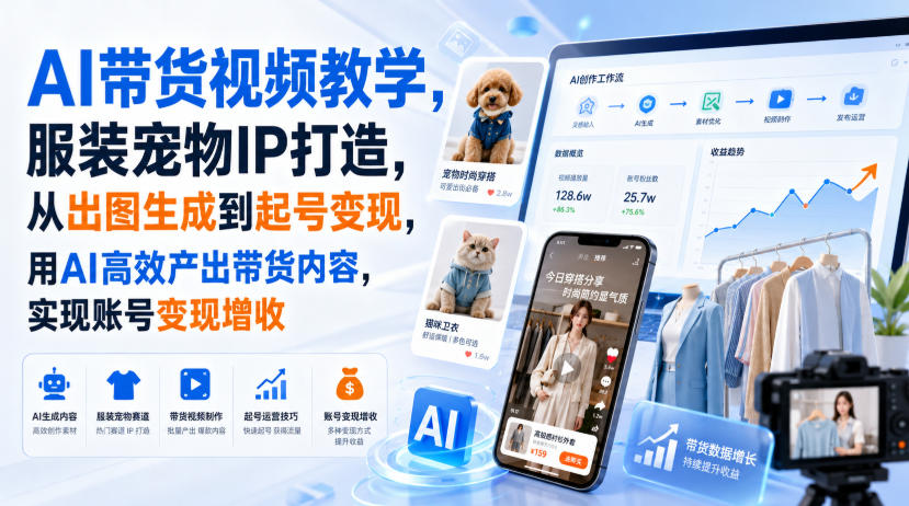 AI带货视频教学，服装宠物IP打造，从出图生成到起号变现，用AI高效产出带货内容，实现账号变现增收|一人科技OPC聚合软件