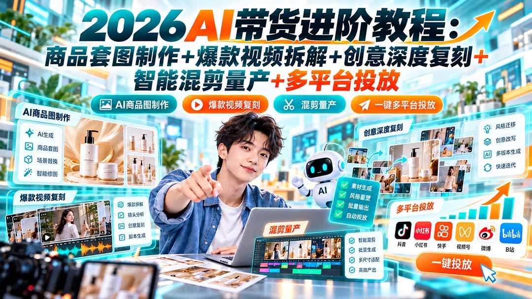 2026AI带货进阶教程：商品套图制作+爆款视频拆解+创意深度复刻+智能混剪量产+多平台投放|一人科技OPC聚合软件