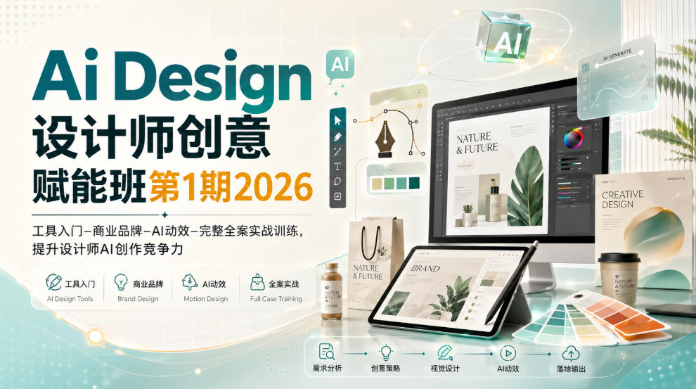 Ai Design设计师创意赋能班第1期2026｜工具入门‑商业品牌‑AI动效‑完整全案实战训练，提升设计师AI创作竞争力|一人科技OPC聚合软件