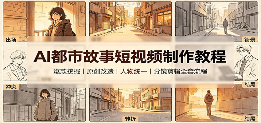 AI都市故事短视频制作教程：爆款挖掘原创改造，人物统一分镜剪辑全套流程|一人科技OPC聚合软件