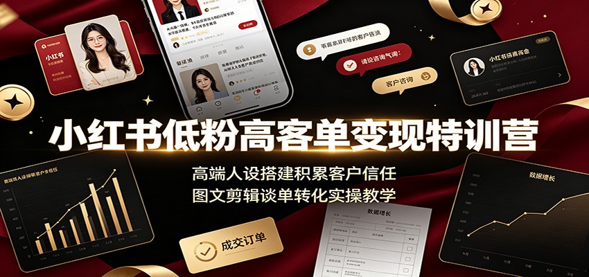 小红书低粉高客单变现特训营：高端人设搭建积累客户信任，图文剪辑谈单转化实操教学|一人科技OPC聚合软件