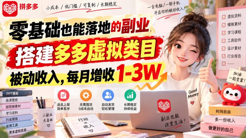 零基础也能落地的副业，搭建多多虚拟类目被动收入，每月增收1-3W【揭秘】|一人科技OPC聚合软件