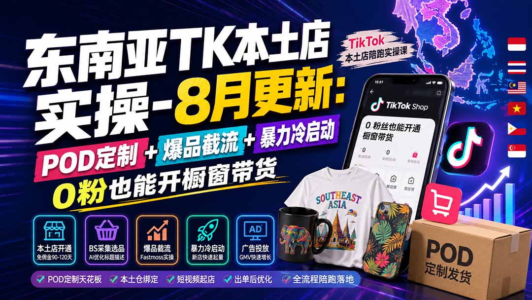 东南亚TK本土店实操-8月更新：POD定制+爆品截流+暴力冷启动，0粉也能开橱窗带货|一人科技OPC聚合软件