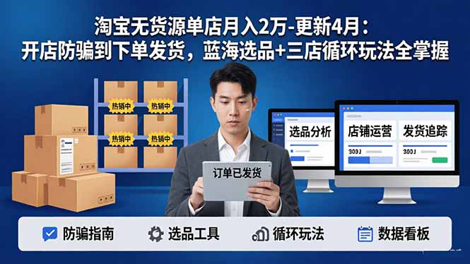 淘宝无货源5.0单店月入2万-更新4月：开店防骗到下单发货，蓝海选品+三店循环玩法全掌握|协议软件打粉软件