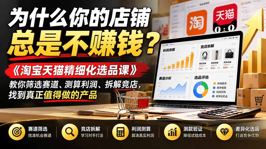 为什么你的店铺总是不赚钱？《淘宝天猫精细化选品课》教你筛选赛道、测算利润、拆解竞店，找到真正值得做的产品|一人科技OPC聚合软件