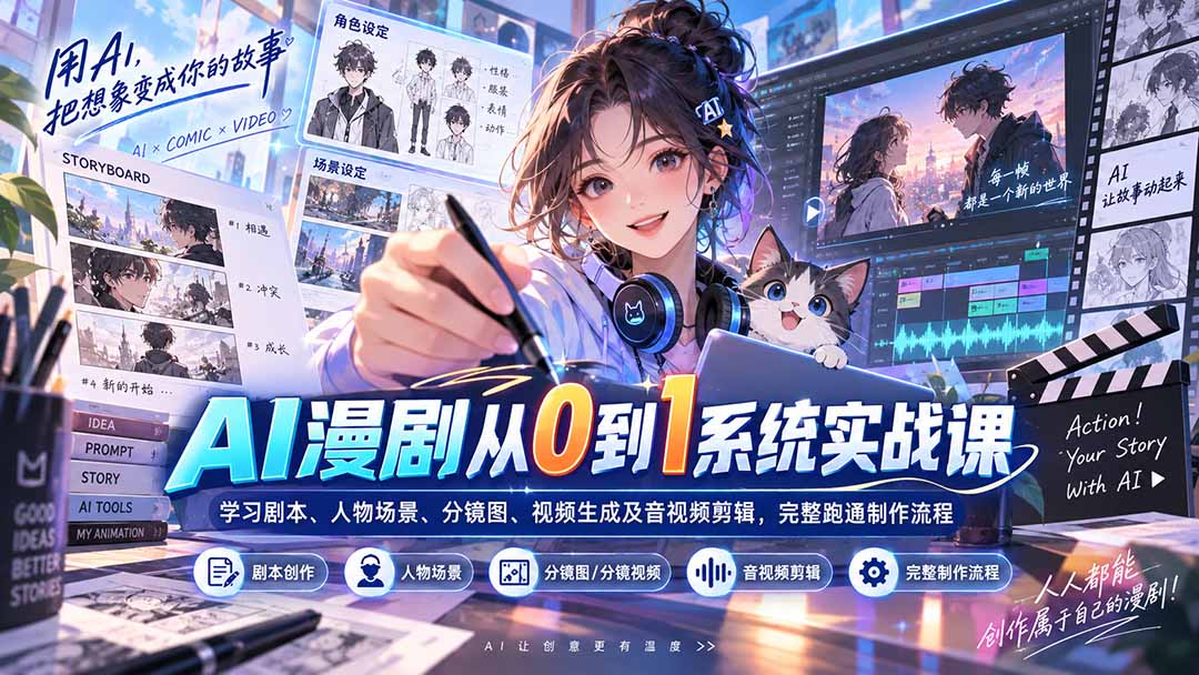 AI漫剧从0到1系统实战课：学习剧本、人物场景、分镜图、视频生成及音视频剪辑，完整跑通制作流程|一人科技OPC聚合软件