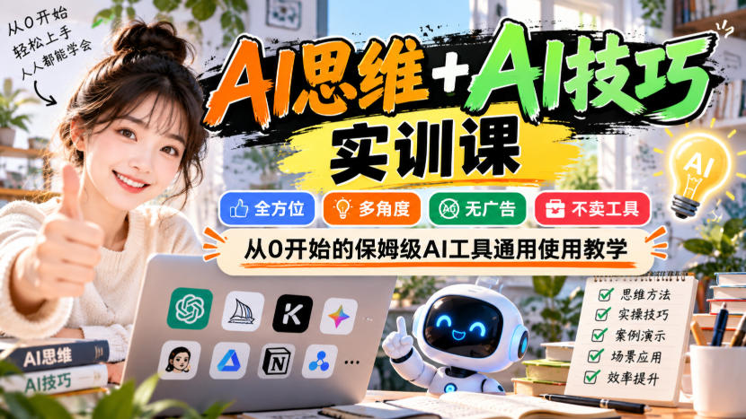 【无水印】AI思维+AI技巧实训课，全方位、多角度、无广告、不卖工具，从0开始的保姆级AI工具通用使用教学|一人科技OPC聚合软件