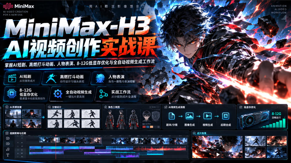 MiniMax-H3 AI视频创作实战课，掌握AI短剧、高燃打斗动画、人物表演、8-12G低显存优化与全自动视频生成工作流|一人科技OPC聚合软件