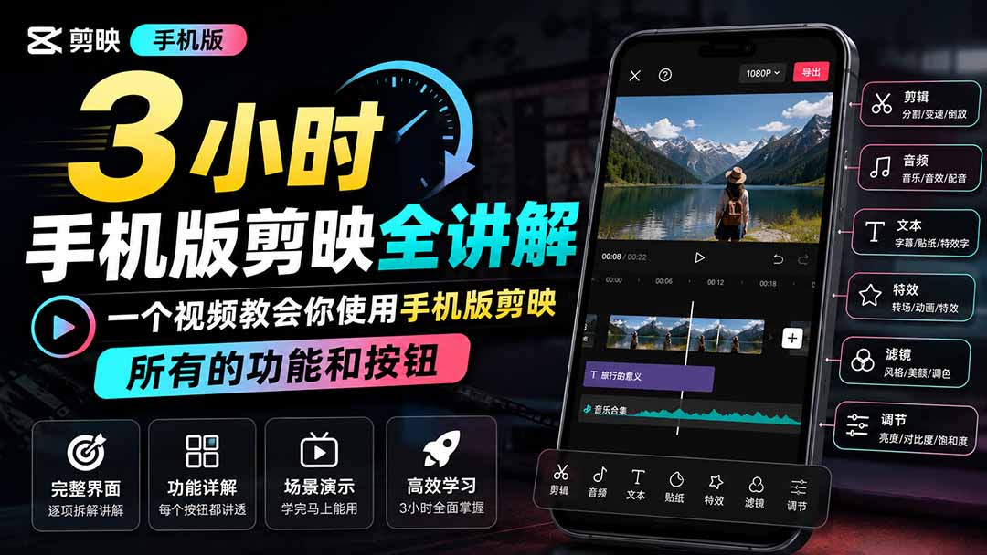 3小时手机版剪映全讲解，一个视频教会你使用手机版剪映，所有的功能和按钮|一人科技OPC聚合软件