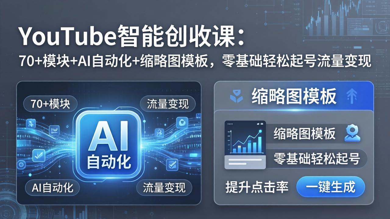 YouTube智能创收课：70+模块+AI自动化+缩略图模板，零基础轻松起号流量变现|协议软件打粉软件