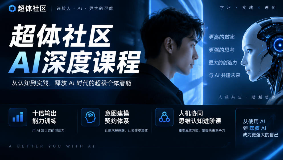 超体社区AI深度课程，十倍输出能力训练，意图建模契约体系，人机协同思维认知进阶课|一人科技OPC聚合软件