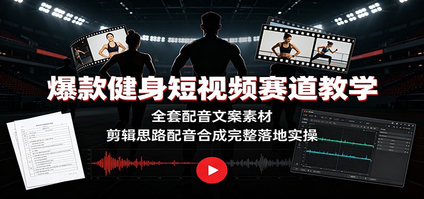 爆款健身短视频赛道教学：全套配音文案素材，剪辑思路配音合成完整落地实操|一人科技OPC聚合软件