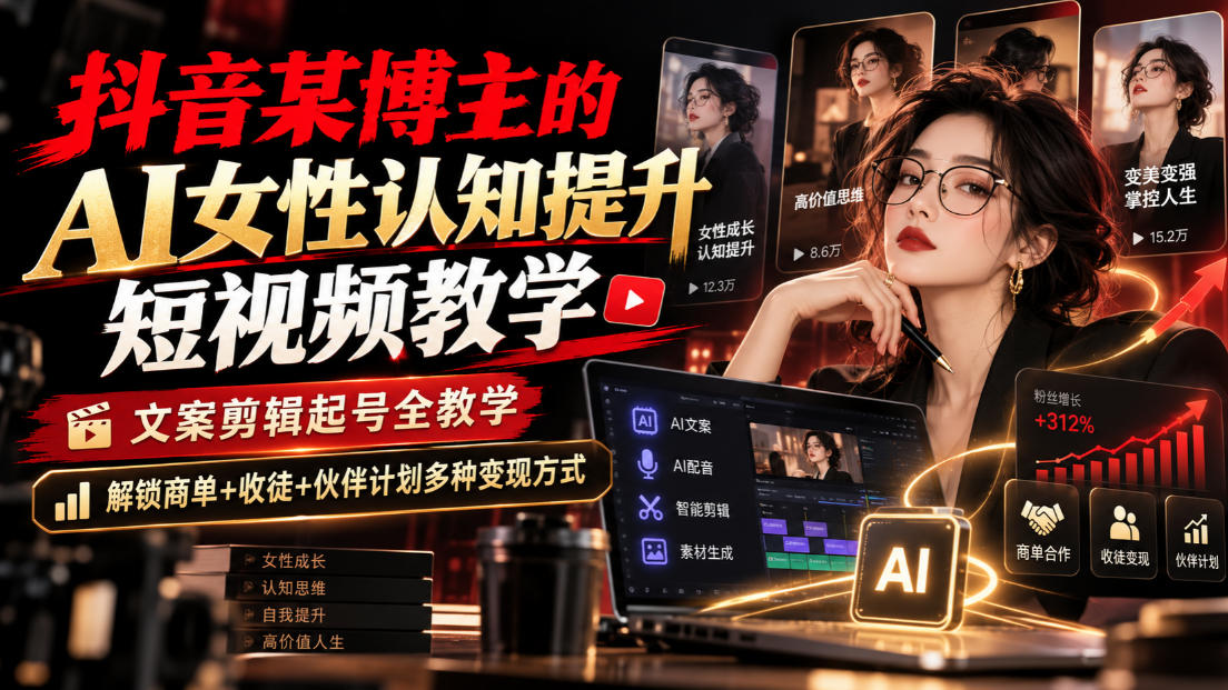 抖音某博主的Ai女性认知提升短视频教学，文案剪辑起号全教学，解锁商单+收徒+伙伴计划多种变现方式|一人科技OPC聚合软件