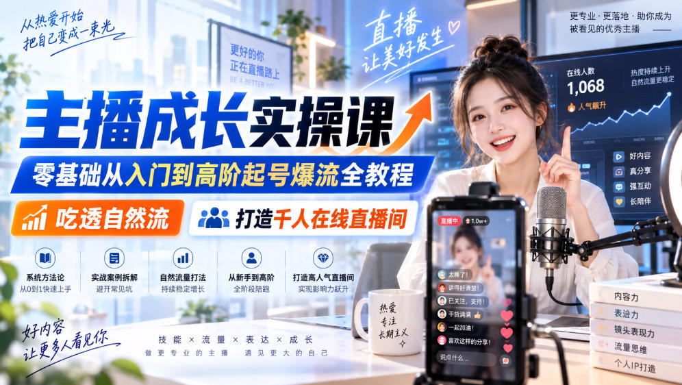 主播成长实操课｜零基础从入门到高阶起号爆流全教程，吃透自然流，打造千人在线直播间|一人科技OPC聚合软件