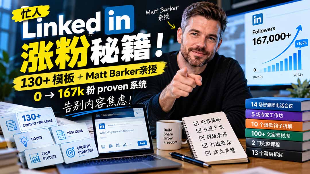 【无水印】忙人LinkedI 涨粉秘籍！130+模板+Matt Barker亲授：0→167k粉proven系统，告别内容焦虑【原创双语字幕】|一人科技OPC聚合软件