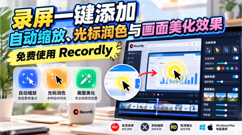 录屏一键添加自动缩放、光标润色与画面美化效果，免费使用Recordly|一人科技OPC聚合软件
