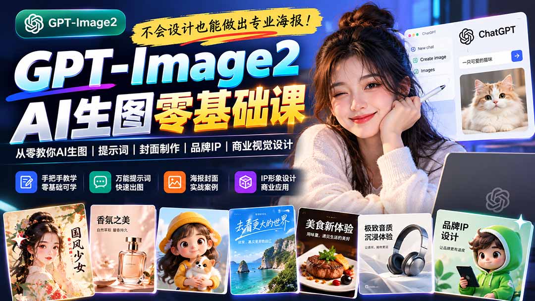 不会设计也能做出专业海报！GPT-Image2从零教你AI生图、提示词、封面制作、品牌IP与商业视觉设计|一人科技OPC聚合软件