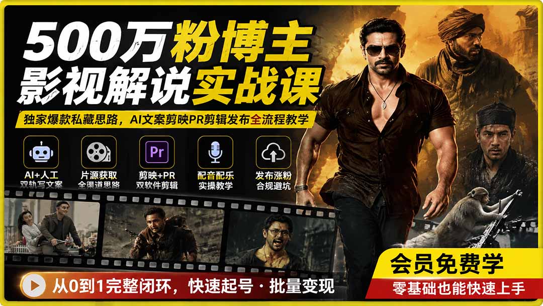 500万粉博主影视解说实战课｜独家爆款私藏思路，AI文案剪映PR剪辑发布全流程教学|一人科技OPC聚合软件