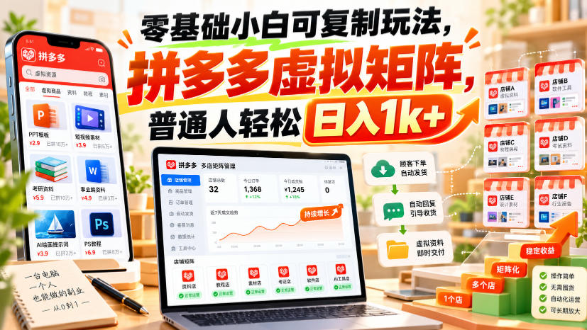 零基础小白可复制玩法，拼多多虚拟矩阵，普通人轻松日入1k+|一人科技OPC聚合软件