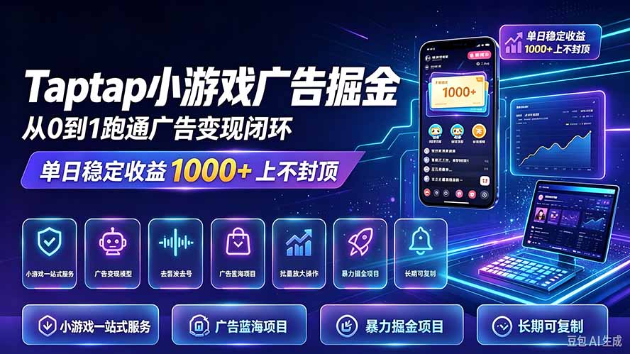 TapTap小游戏广告掘金日赚收益1000+上不封顶|一人科技OPC聚合软件