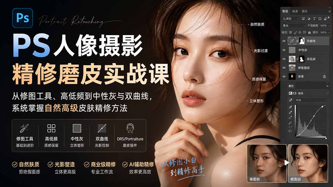 PS人像摄影精修磨皮实战课：从修图工具、高低频到中性灰与双曲线，系统掌握自然高级皮肤精修方法|一人科技OPC聚合软件