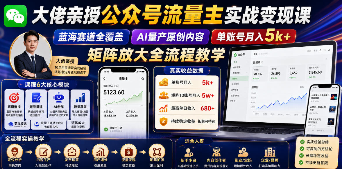 大佬亲授公众号流量主实战变现课，蓝海赛道全覆盖，AI量产原创内容，单账号月入5k+矩阵放大全流程教学|一人科技公司导航