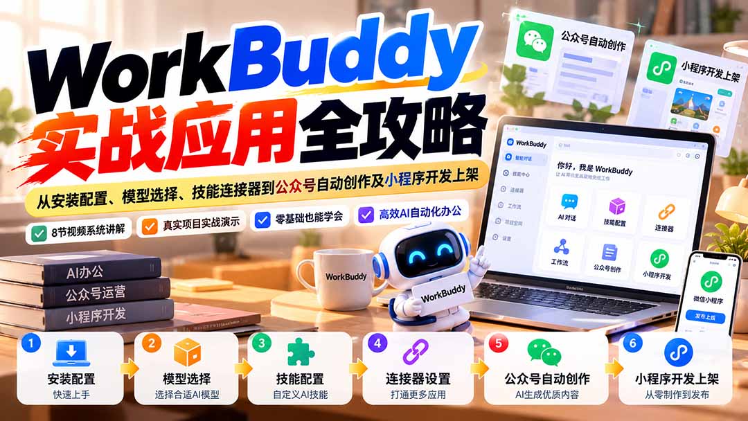 WorkBuddy 实战应用全攻略：从安装配置、模型选择、技能连接器到公众号自动创作及小程序开发上架|一人科技OPC聚合软件