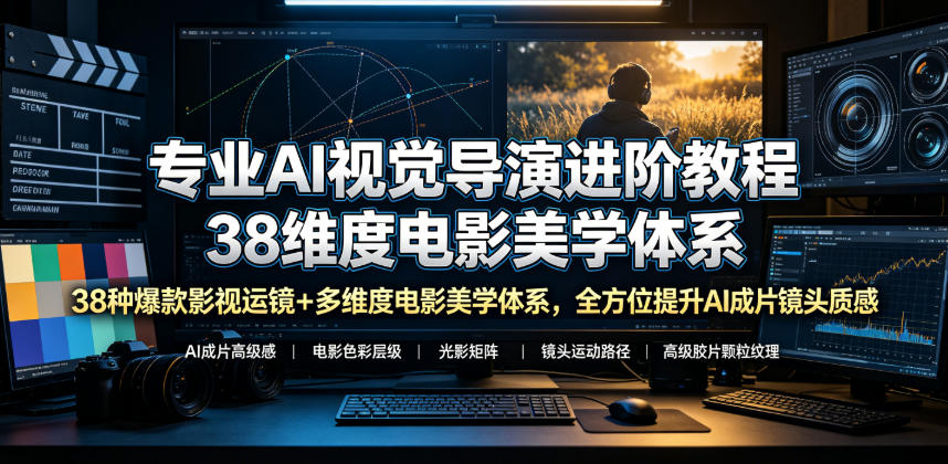 专业AI视觉导演进阶教程，38种爆款影视运镜+多维度电影美学体系，全方位提升AI成片高级感与镜头质感|一人科技公司导航