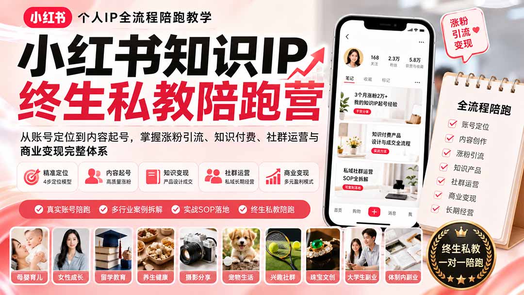 小红书知识IP终生私教陪跑营：从账号定位到内容起号，掌握涨粉引流、知识付费、社群运营与商业变现完整体系|一人科技OPC聚合软件