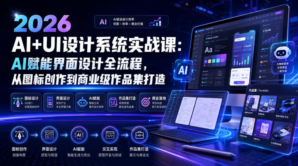 2026 AI+UI设计系统实战课：AI赋能界面设计全流程，从图标创作到商业级作品集打造|一人科技OPC聚合软件