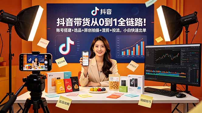 抖音带货从0到1全链路！账号搭建+选品+原创拍摄+混剪+投流，小白快速出单|一人科技公司导航