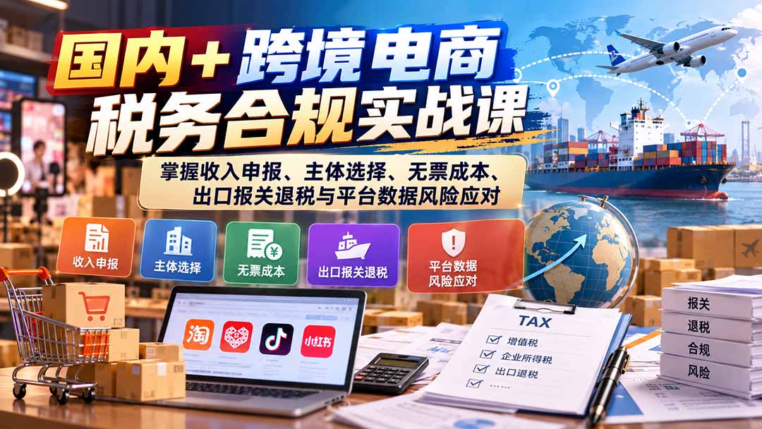 国内+跨境电商税务合规实战课：掌握收入申报、主体选择、无票成本、出口报关退税与平台数据风险应对|一人科技OPC聚合软件