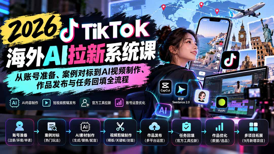【无水印】2026 TikTok海外AI拉新系统课：从账号准备、案例对标到AI视频制作、作品发布与任务回填全流程|一人科技OPC聚合软件