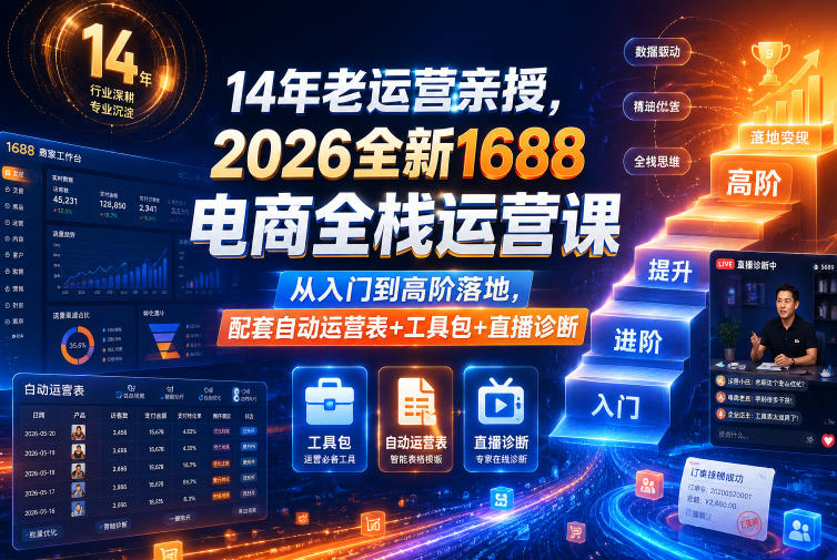 14年老运营亲授，2026全新1688电商全栈运营课，从入门到高阶落地，配套自动运营表+工具包+直播诊断等|一人科技公司导航