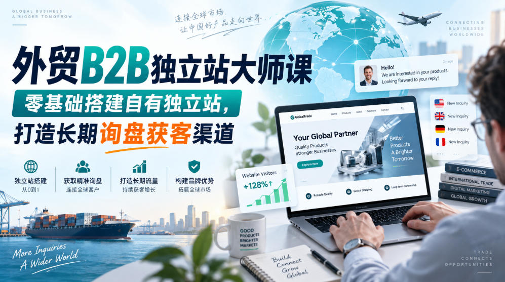 外贸B2B独立站大师课，零基础搭建自有独立站，打造长期询盘获客渠道|一人科技OPC聚合软件