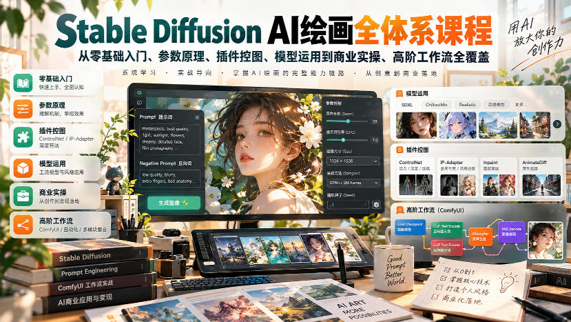【无水印】Stable Diffusion AI绘画全体系课程，从零基础入门、参数原理、插件控图、模型运用到商业实操、高阶工作流全覆盖|一人科技OPC聚合软件