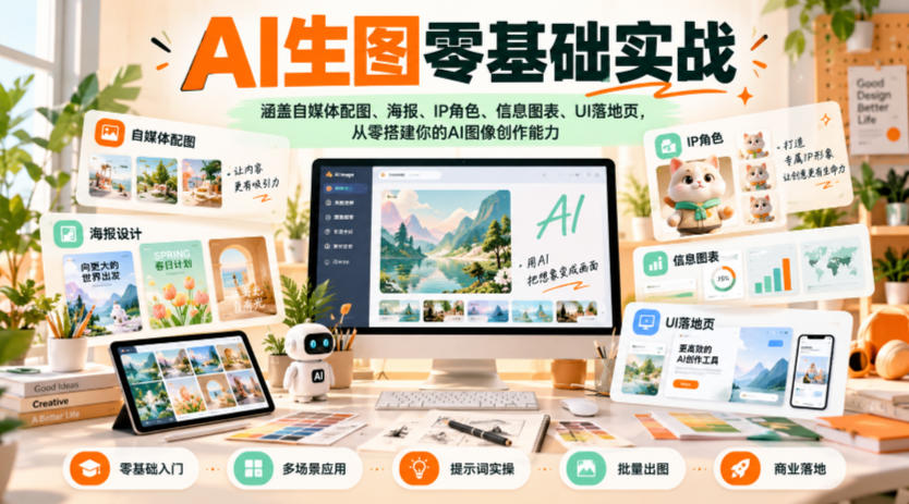 AI生图零基础实战，涵盖自媒体配图、海报、IP角色、信息图表、UI落地页，从零搭建你的AI图像创作能力|一人科技OPC聚合软件