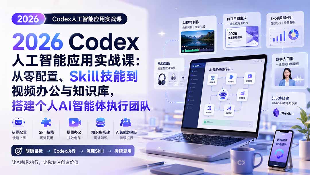 2026 Codex人工智能应用实战课：从零配置、Skill技能到视频办公与知识库，搭建个人AI智能体执行团队|一人科技OPC聚合软件