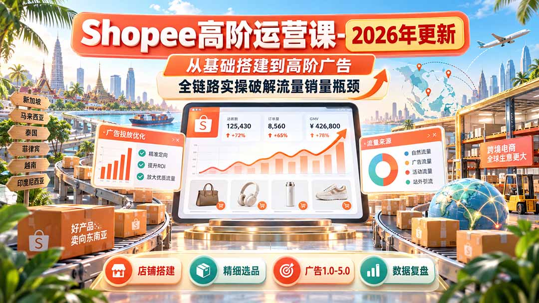 Shopee高阶运营课-更新9月，从基础搭建到高阶广告，全链路实操破解流量销量瓶颈|一人科技OPC聚合软件