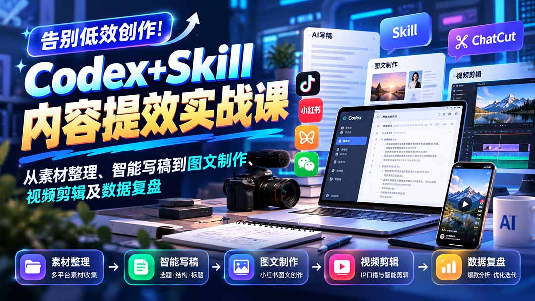 【无水印】告别低效创作！Codex+Skill内容提效实战课：从素材整理、智能写稿到图文制作、视频剪辑及数据复盘|一人科技OPC聚合软件