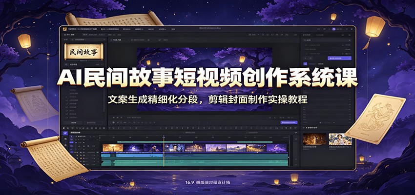 AI民间故事短视频创作系统课：文案生成精细化分段，剪辑封面制作实操教程|一人科技OPC聚合软件