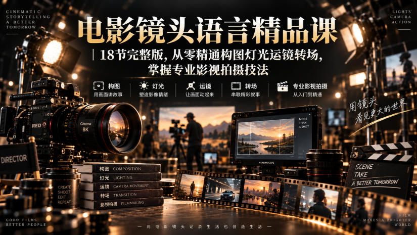 电影镜头语言精品课｜18节完整版，从零精通构图灯光运镜转场，掌握专业影视拍摄技法|一人科技OPC聚合软件
