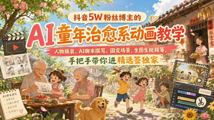 抖音5W粉丝博主的AI童年治愈系动画教学，人物换装、AI脚本撰写、固定场景、生图生视频等，手把手带你进精选签独家|一人科技OPC聚合软件