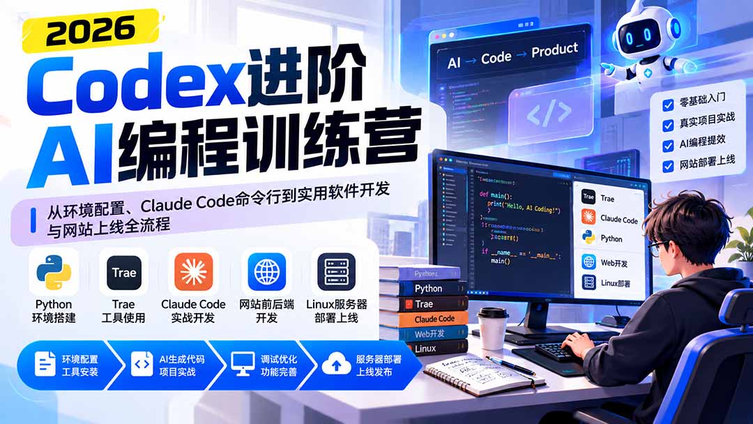 Codex进阶AI编程训练营：从环境配置、Claude Code命令行到实用软件开发与网站上线全流程|一人科技OPC聚合软件