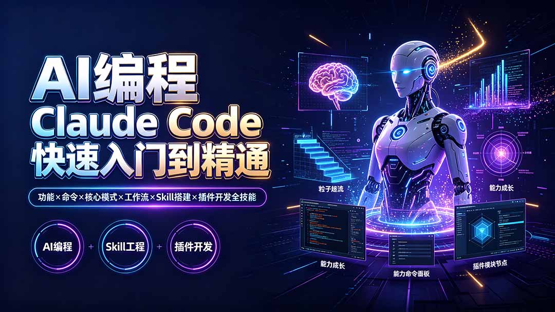 AI编程 Claude Code快速入门到精通：功能×命令×核心模式×工作流×Skill搭建×插件开发全技能|一人科技OPC聚合软件