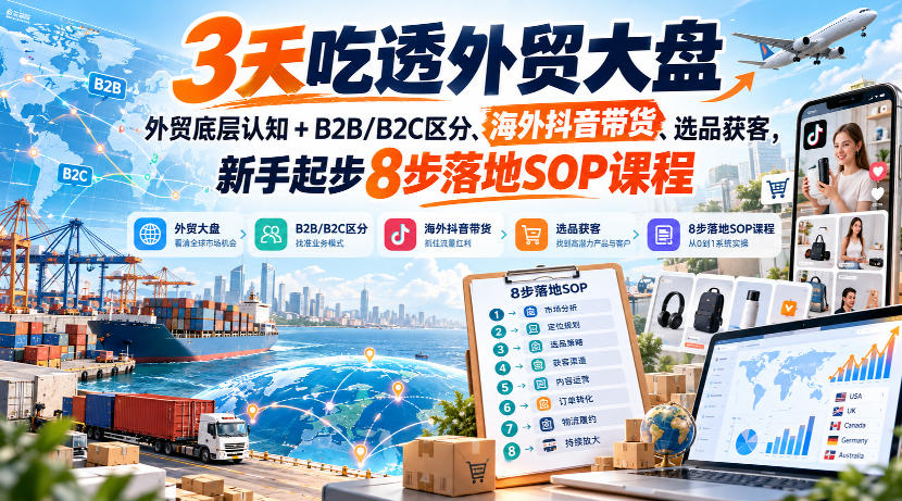 3天吃透外贸大盘，外贸底层认知+B2B/B2C区分、海外抖音带货、选品获客，新手起步8步落地SOP课程|一人科技OPC聚合软件